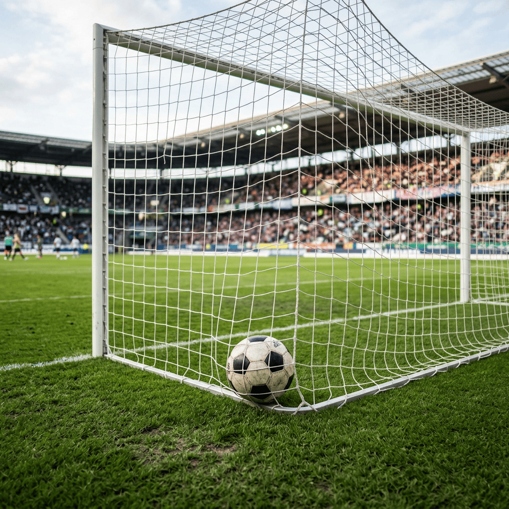Soccer ball resting inside a goal net on a stadium field