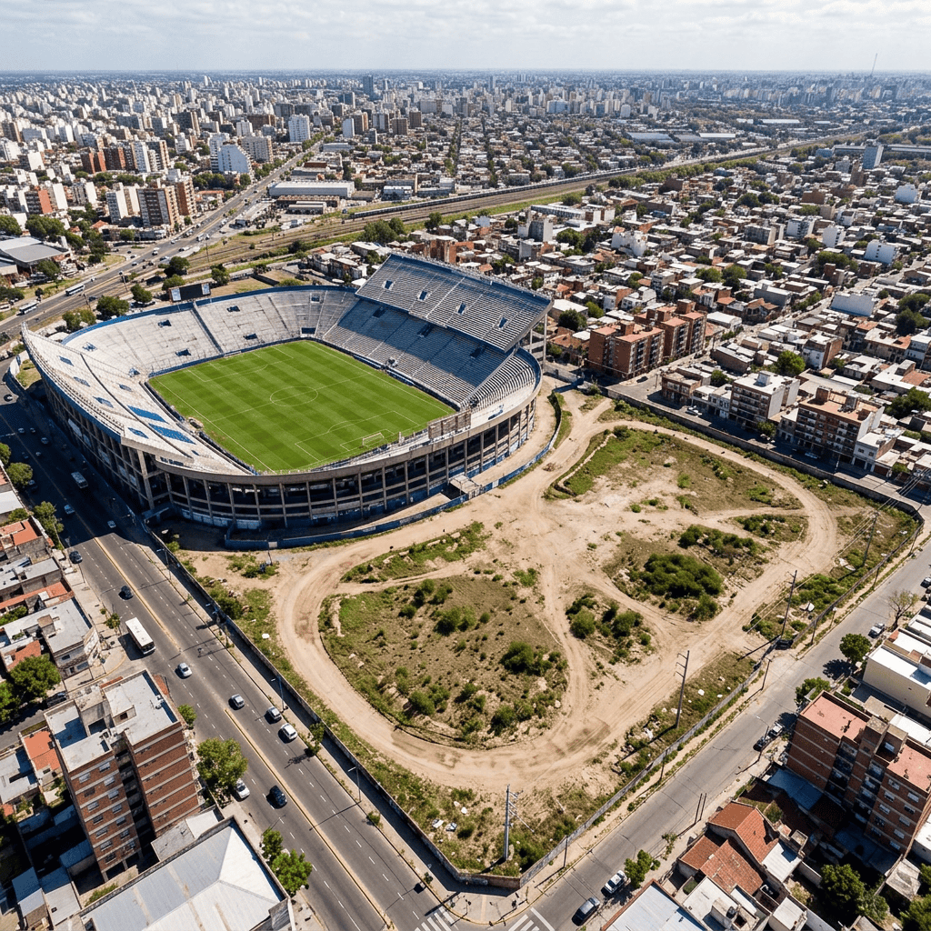 Aerial view of a football stadium surrounded by a dense city