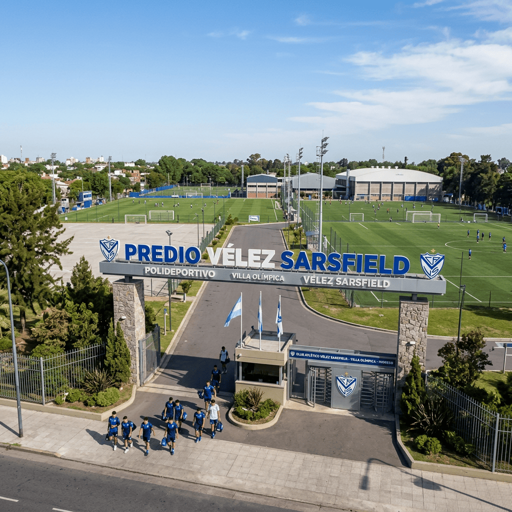 Entrance sign reads PREDIO VÉLEZ SARSFIELD, POLIDEPORTIVO VILLA OLÍMPICA VÉLEZ SARSFIELD